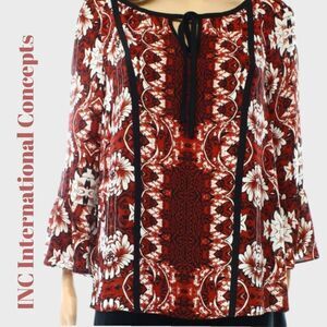 5/$25 SALE! INC Floral Bell Sleeve Blouse Red White Black Size M